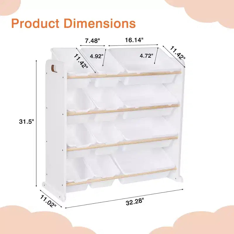 VECELO Kids Bookshelf Toy Storage with 12 Bins, Wooden Toy Rack for Toddlers, Large-Capacity Playroom Storage for Books or Toys