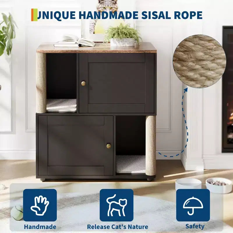 Litter Box Enclosure with Double Room, Hidden Enclosed Litterbox Furniture with Scratch Posts and Double-Layer Litter Mats Indoor Pet House