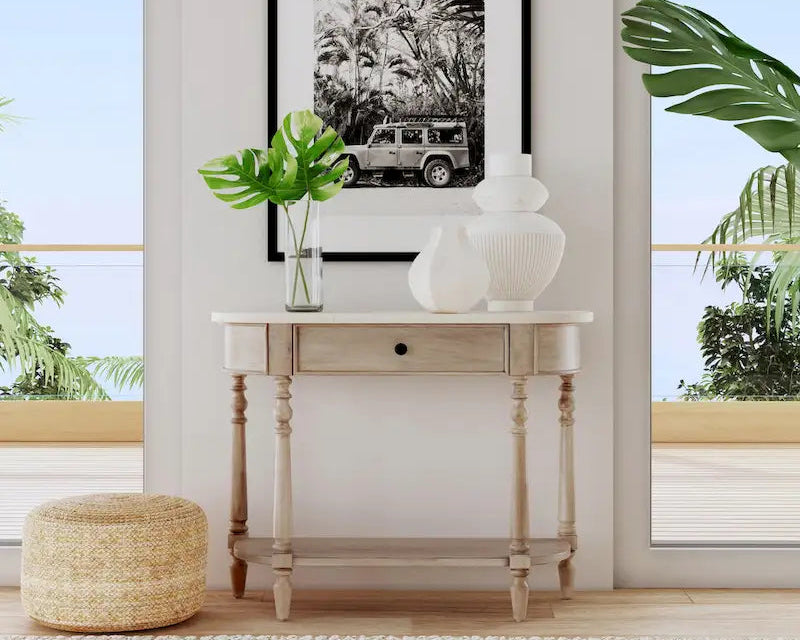 Marble Top Console Table ¨C Light Brown / Grey / Washed Black, Demilune, 1-Person Assembly