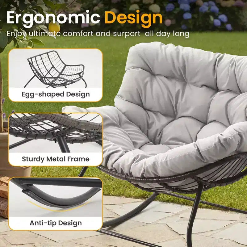 Heynemo Patio Rocking Chair with Ottoman, Outdoor Indoor Rocking Egg Chair with Cushions, Metal Lounge Chair Oversized Papasan Chair, Reading Chair