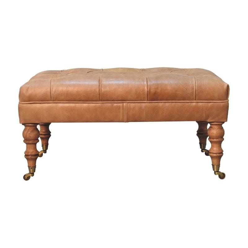 Artisan Furniture Solid Wood Buffalo Tan Leather Ottoman with Castor Legs