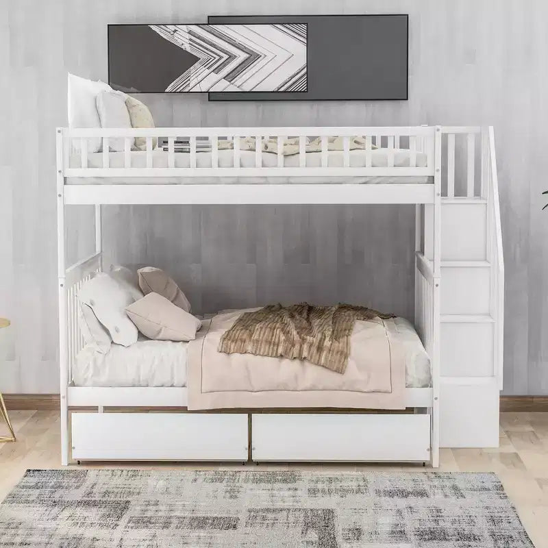 Full over Full Bunk Bed with Two Storage Drawers and Storage Shelves for Kids Teens Adults Bedroom