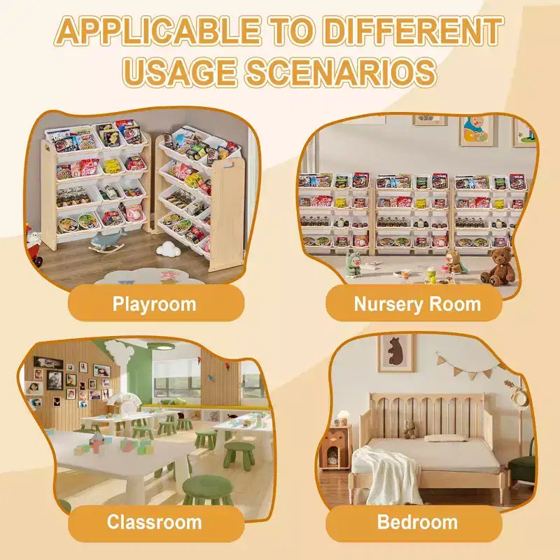 VECELO Kids Bookshelf Toy Storage with 12 Bins, Wooden Toy Rack for Toddlers, Large-Capacity Playroom Storage for Books or Toys