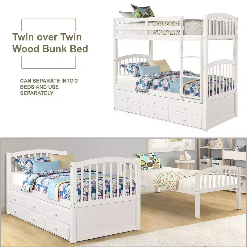 Twin Bunk Bed with Ladder, Safety Rail, Twin Trundle Bed with 3 Drawers for Teens Bedroom, Guest Room Furniture