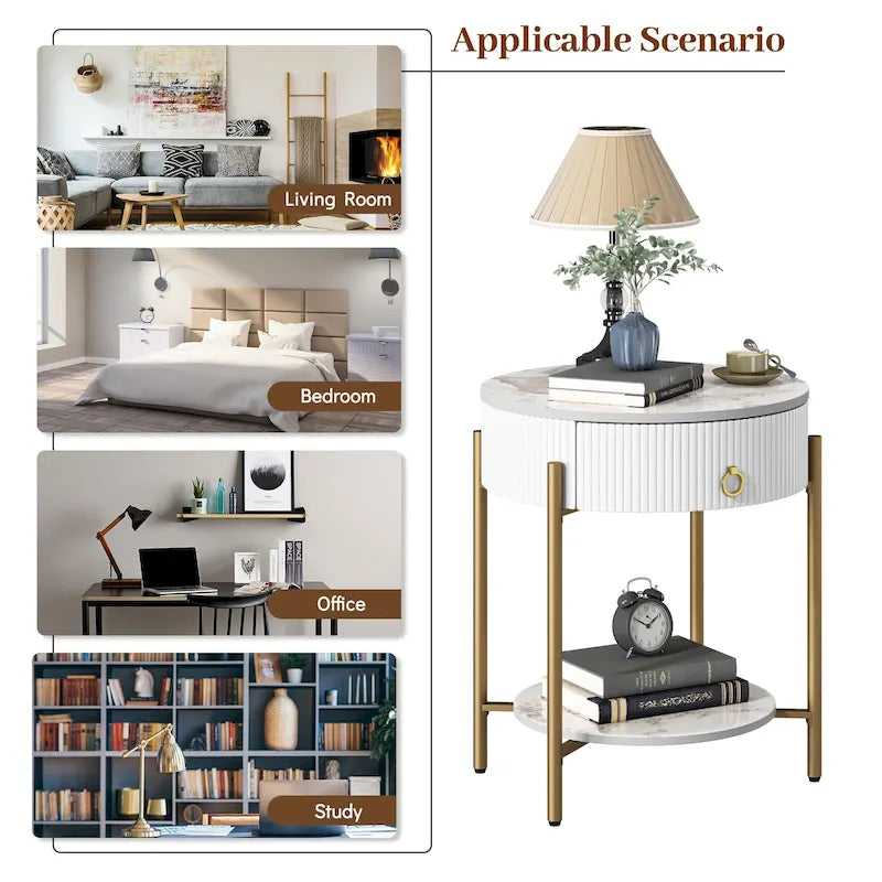 Myhozm Modern End Table with Storage Drawer, Round Nightstand with Metal Legs for Living Room, Bedroom, Office