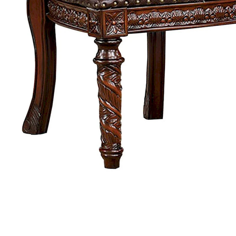 Iga 22 Inch Carved Dining Chair, Set of 2, Faux Leather Seat, Nailhead Trim