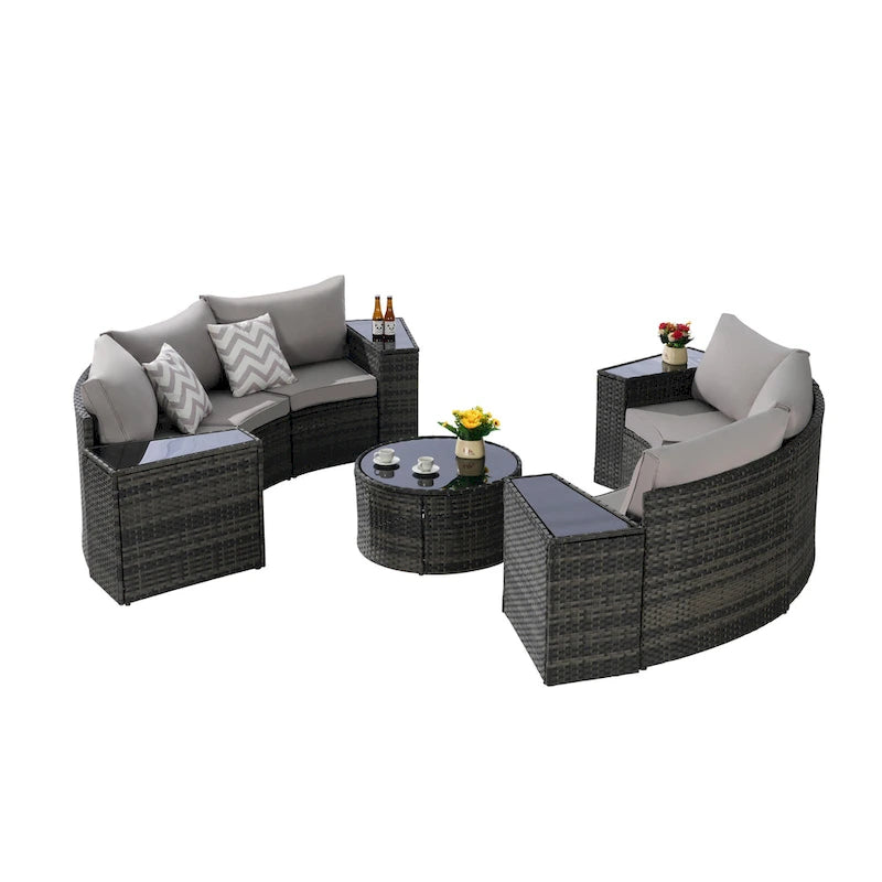 11-Piece Outdoor Half-Round Modular Sectional Sofa Set with Tempered Glass Coffee Table and 4 Side Table