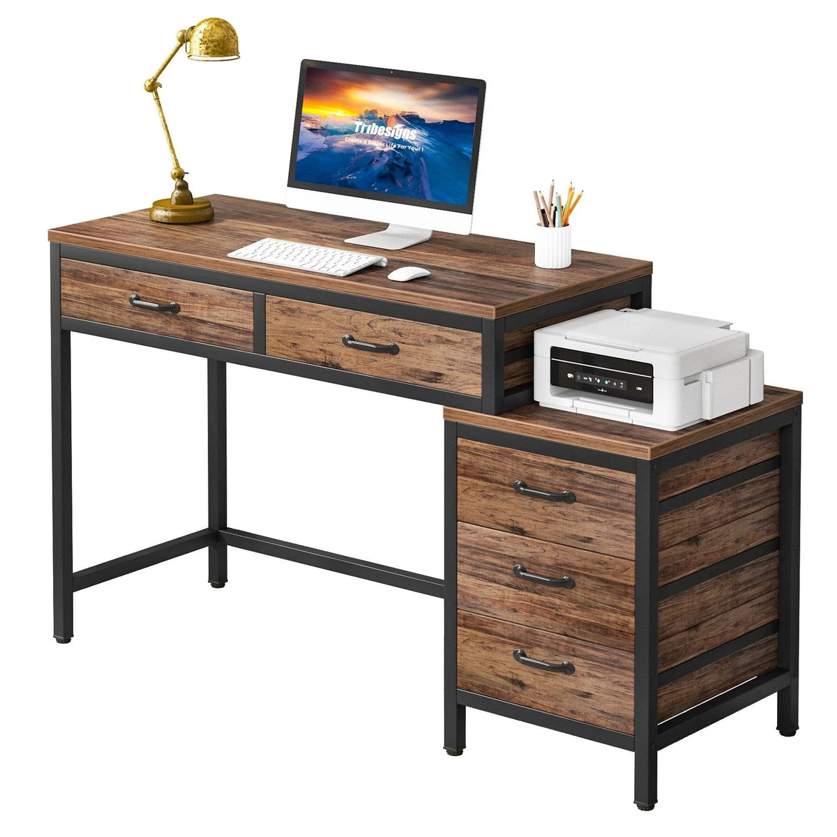 Reversible Computer Desk with 5 Drawers, Home Office Desk with File Cabinet Drawer Printer Stand