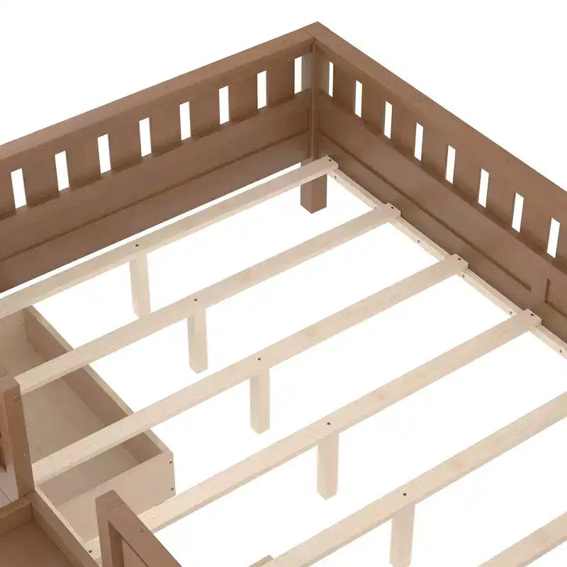 Bellemave Queen Size Toddler Bed with 14 Safety Guardrails, Space-saving Bed Frame with Built-in Bookshelves & 2 Under-Bed Storage Drawers