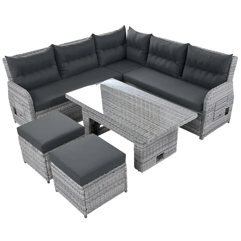 Outdoor Rattan Sectional Sofa Set with Adjustable Table & Recliners