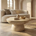 Round Fiberstone Pedestal Coffee Table, Indoor & Outdoor Sculpted Accent Table with Anti-Slip Foot Pads