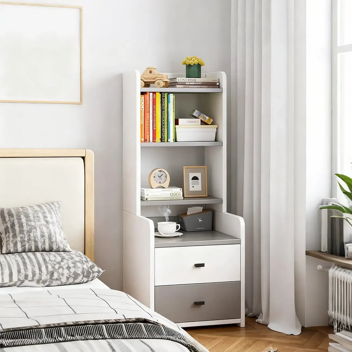 Modern Tall Wood Spacious Shelves 2-Drawer Nightstand