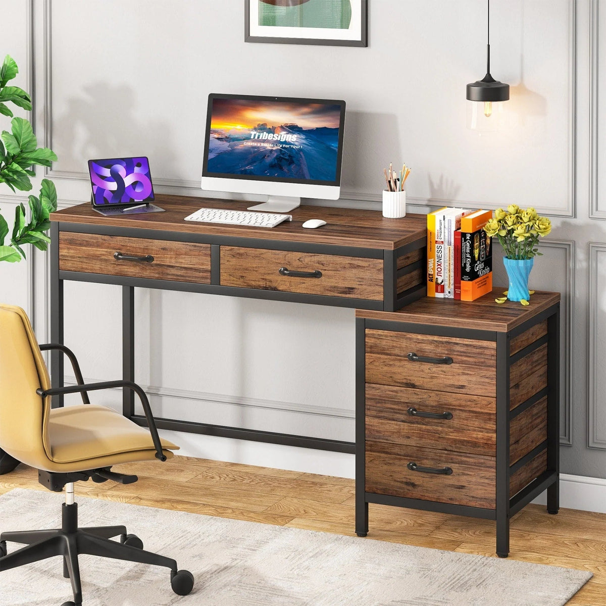 Reversible Computer Desk with 5 Drawers, Home Office Desk with File Cabinet Drawer Printer Stand