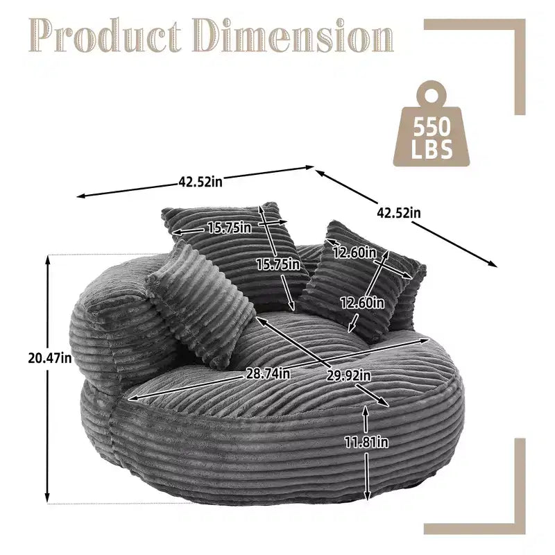 Bean Bag Sofa for Adults Kids, Oversized Corduroy Bean Bag Chair with 3 Pillows & Armrest for Living Room Bedroom - ModernLuxe