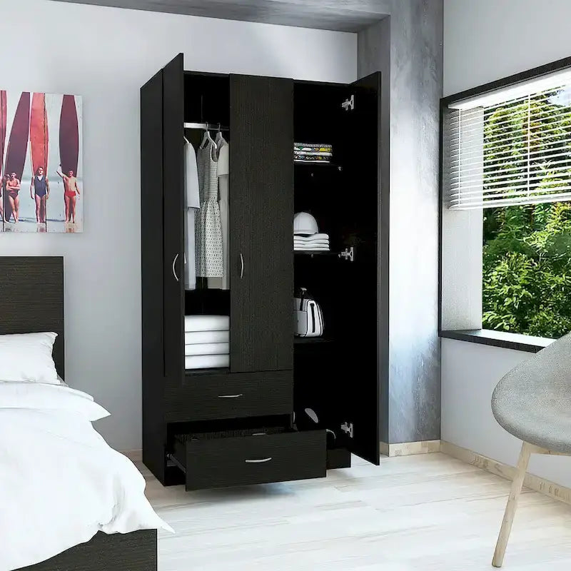 FM Furniture Eureka 3 Door Armoire with 2 Drawers, Inner Shelves, and Rod