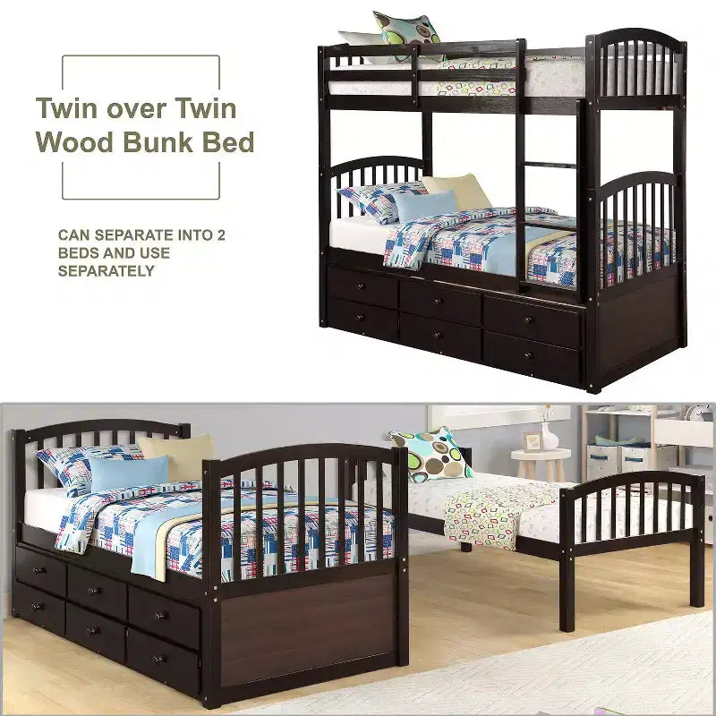 Twin Bunk Bed with Ladder, Safety Rail, Twin Trundle Bed with 3 Drawers for Teens Bedroom, Guest Room Furniture