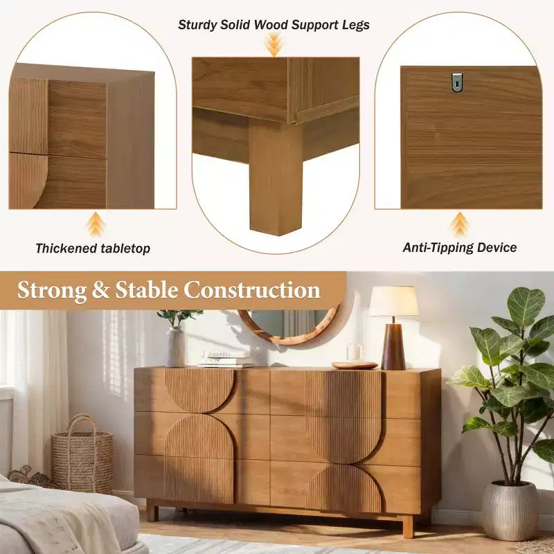 6-Drawer Modern Geometric Dresser, Half-Circle Accent Wide Storage Chest for Bedroom & Living Room