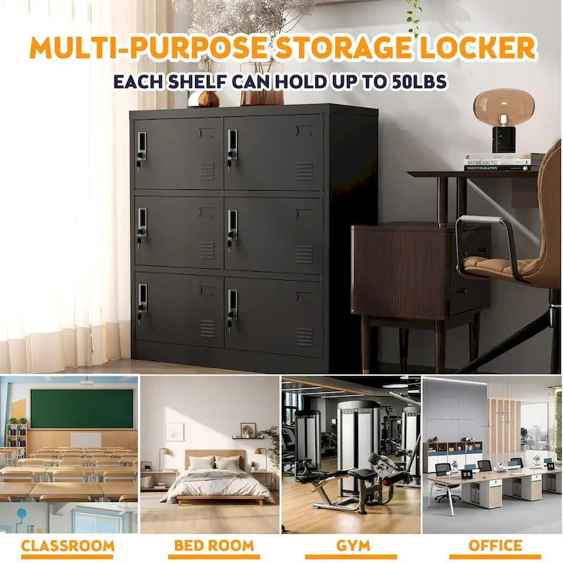 6-Door Employee Storage Locker, Metal Lockers for Office, Gym, School, and Homewith Card Slot (Black)