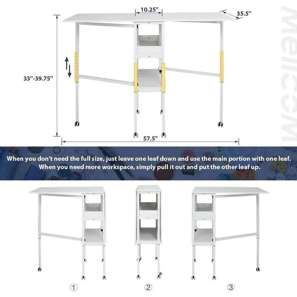 Height Adjustable Craft Table with Storage Shelves, Mobile Folding Cutting Table for Home Office Sewing Room Craft Room