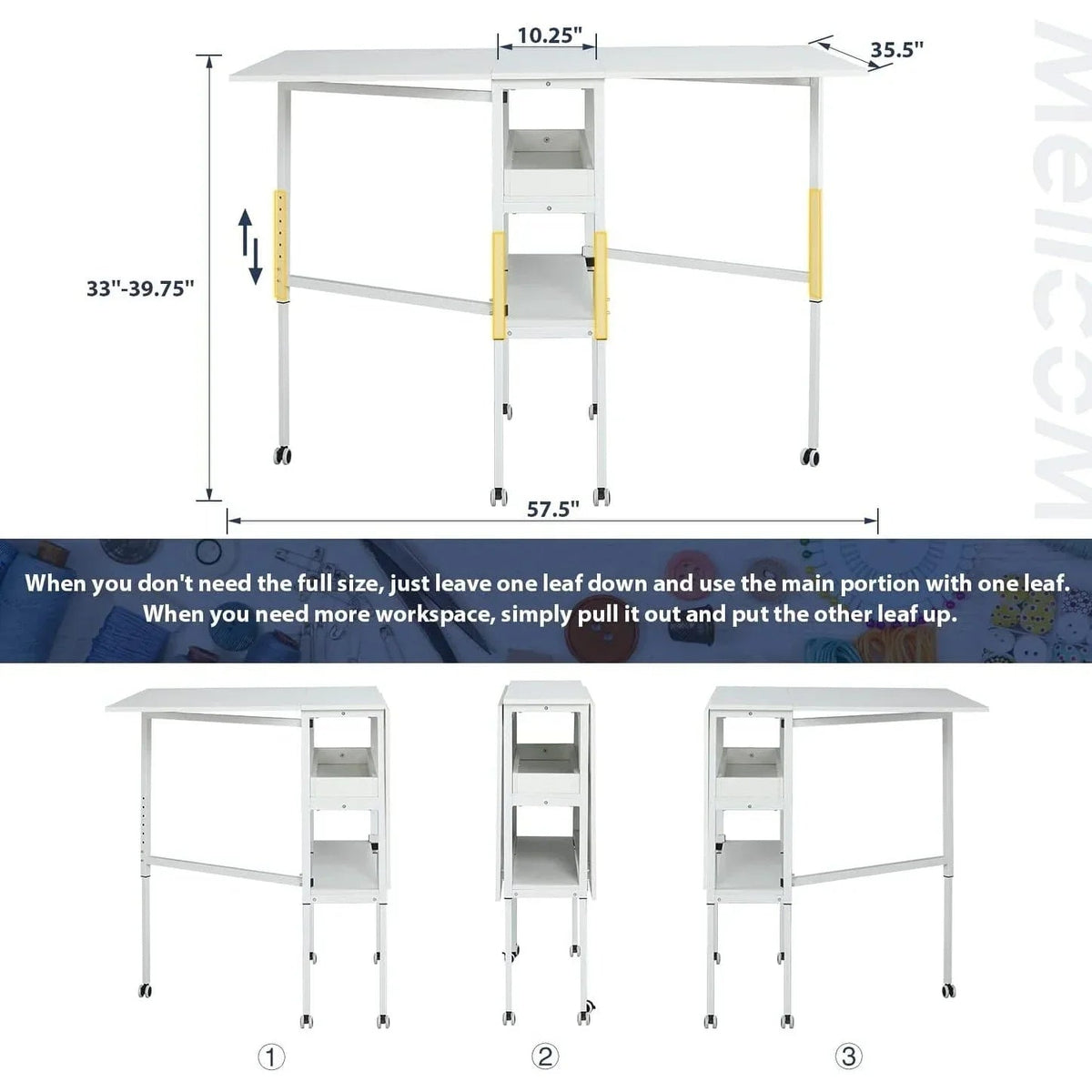 Height Adjustable Craft Table with Storage Shelves, Mobile Folding Cutting Table for Home Office Sewing Room Craft Room