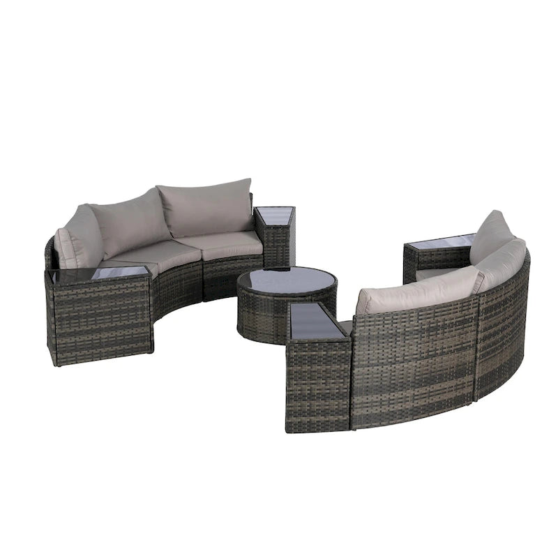 11-Piece Outdoor Half-Round Modular Sectional Sofa Set with Tempered Glass Coffee Table and 4 Side Table