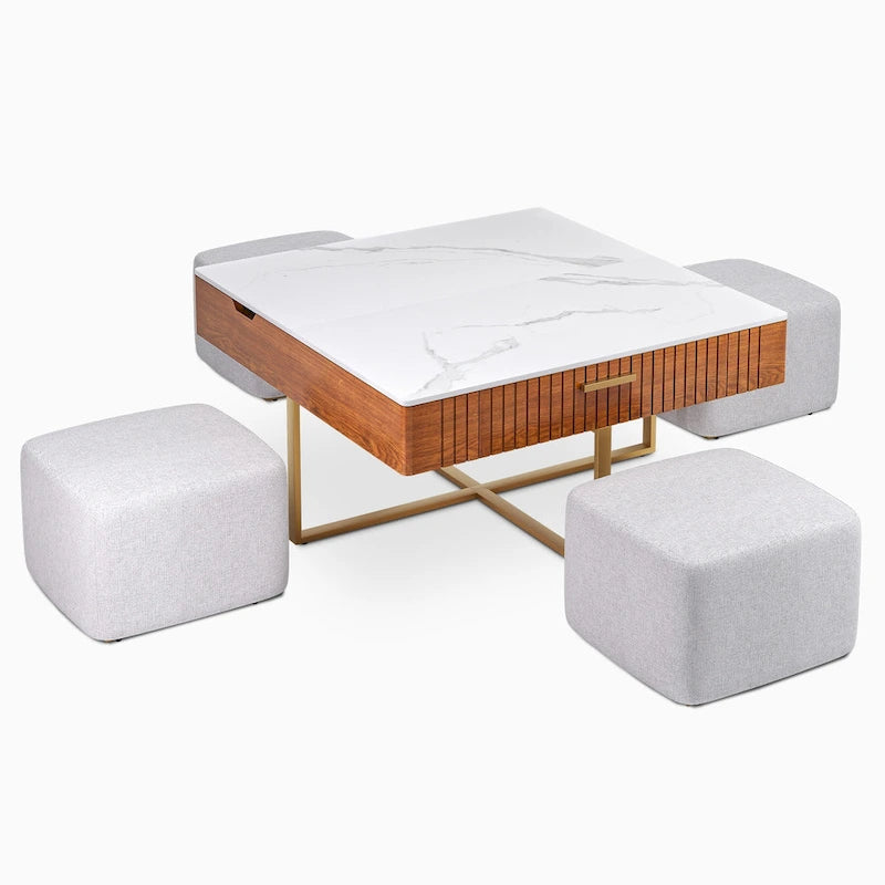 Lift Top Coffee Table with Hidden Storage and 4 Ottomans