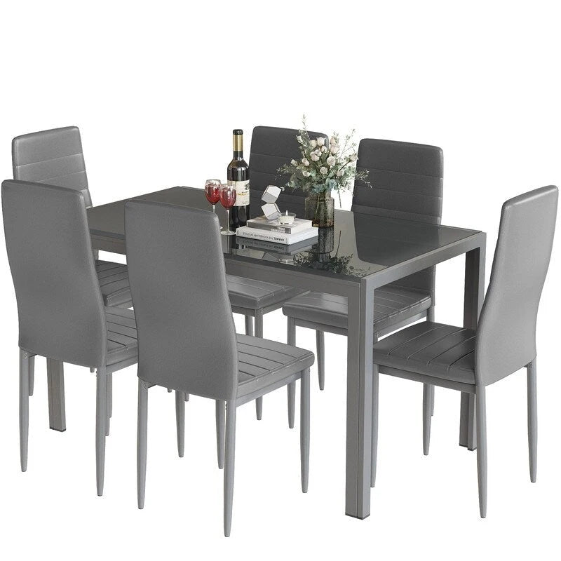 Grondin Modern Style 7-Piece Dining Room Table Set with Tempered Glass Tabletop and 6 PU Leather Upholstered Chairs
