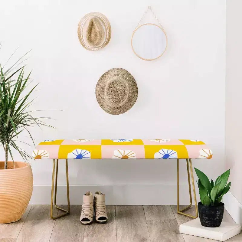 White Checkered Flowers Bench Yellow - Faux Leather Upholstered with Steel Legs