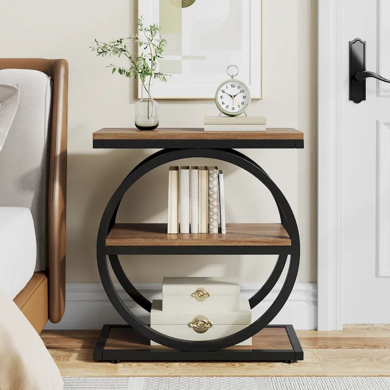 Narrow End Table with 3 Storage Shelves, Wood Side Table for Living Room