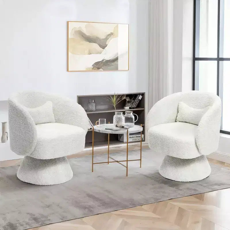 Upholstered Cream Club Swivel Chair with Cream Wood Base, Off-White