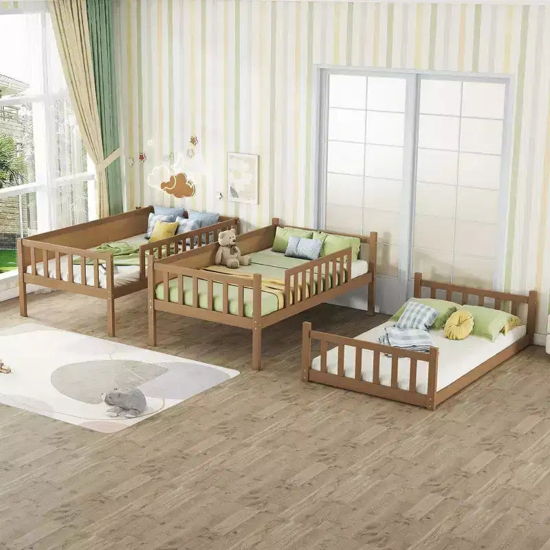 Triple Twin Bunk for Kids, Twin over Twin over Twin Detachable Bunk Bed with Ladder and Guardrail, Separate into 3 Beds