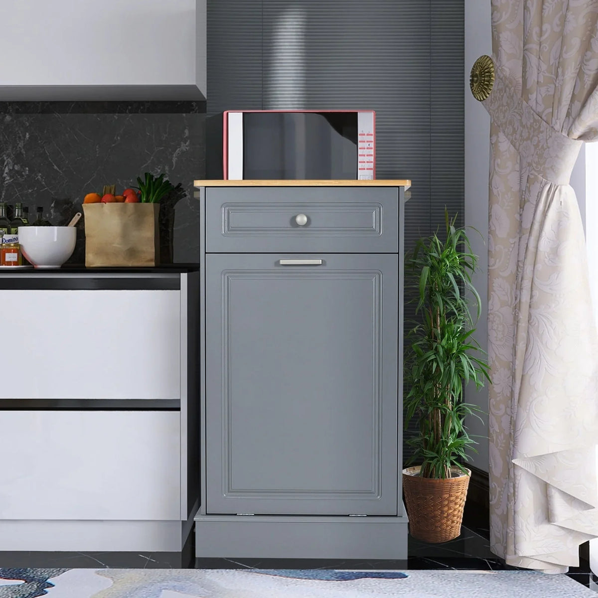 Kitchen Tilt Out Trash Cabinet Can Bin Storage Wooden Counter-top Waste Baskets with Drawer