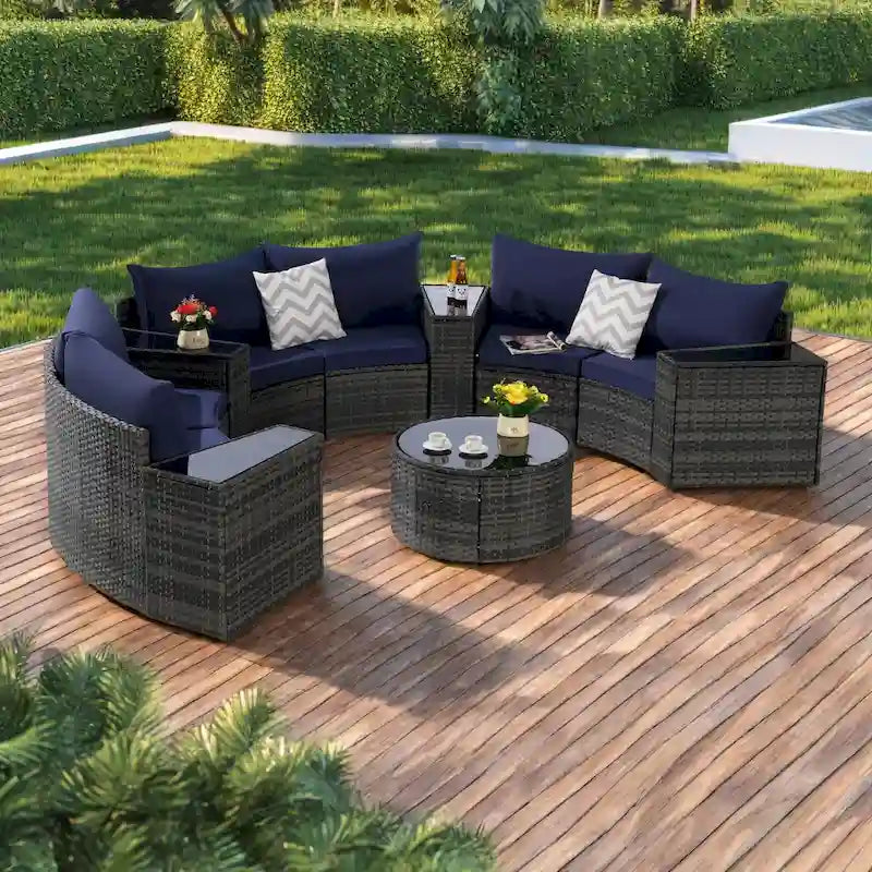 11-Piece Outdoor Half-Round Modular Sectional Sofa Set with Tempered Glass Coffee Table and 4 Side Table