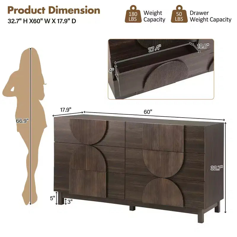 6-Drawer Modern Geometric Dresser, Half-Circle Accent Wide Storage Chest for Bedroom & Living Room