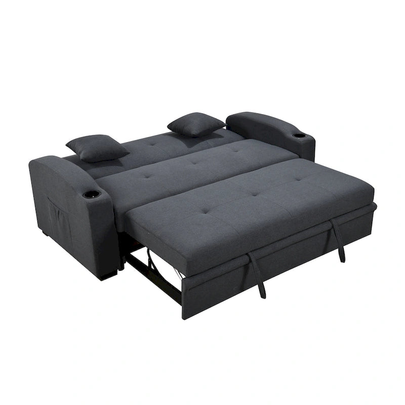 Roomfitters 75 Inch 3 in 1 Convertible Modern Sofa with Convenient Pull Out Bed, Reclining Backrest, Cup Holders, Pillows