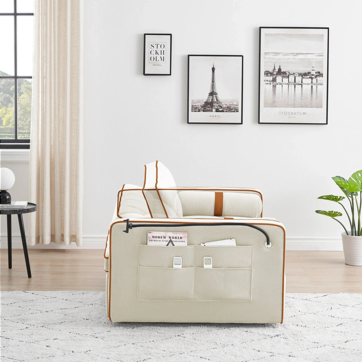 Velvet Convertible 55 2-Seater Sleeper Sofa with Pull-Out Bed, Adjustable Recline, Side Pockets, and Phone Holder