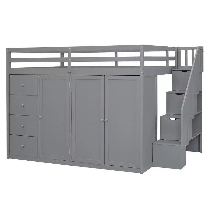 Teddy Fleece Full Size Loft Bed with Storage Shelf and Drawers, Wooden High Loft Bed with Versatile Desk for Bedroom