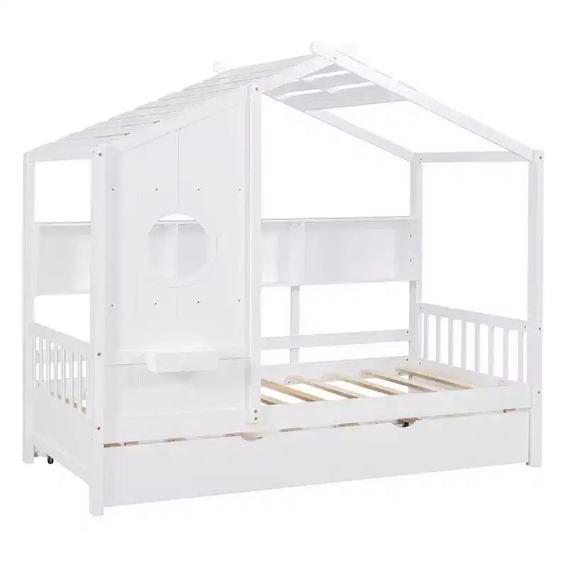 Twin Size House Bed with Trundle and Storage Shelf for Kids, White