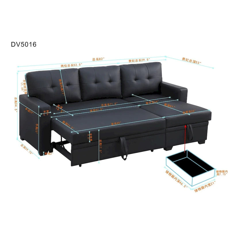Upholstered Pull out Sectional Sofa with Chaise