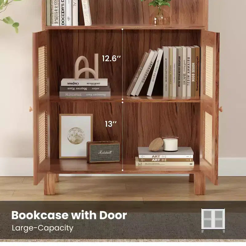 TUYOHW Tall Bookcase with Rattan Doors,5-Shelf Freestanding Storage Cabinet,Bookshelf for Living Room,Bedroom,Home Office