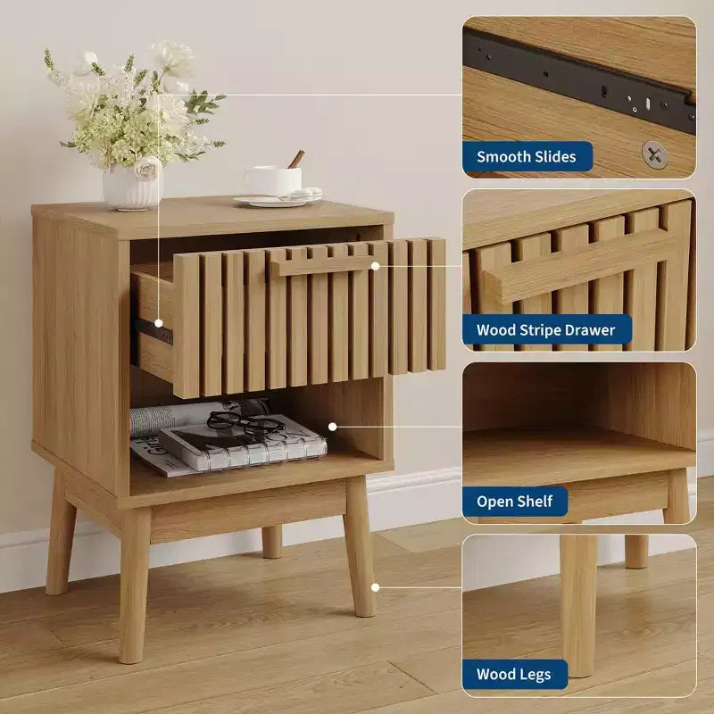 Set of 2 Boho Nightstands w/ Striped Drawer and Open Shelf, Compact Wood Bedside End Table, Small Space Side Table for Bedroom and Living Room