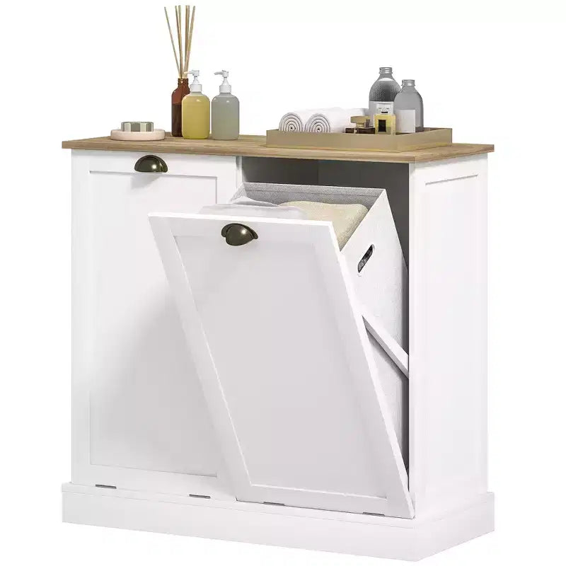 HOMCOM Dual Tilt-Out Laundry Hamper Cabinet with 2 Removable Baskets, Modern Bathroom Storage Cabinet with Shaker Doors and Handles, White