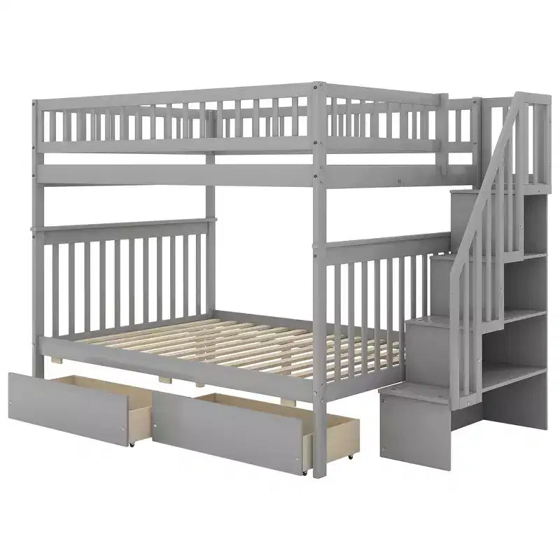 Full over Full Bunk Bed with Drawers and Storage Staircase