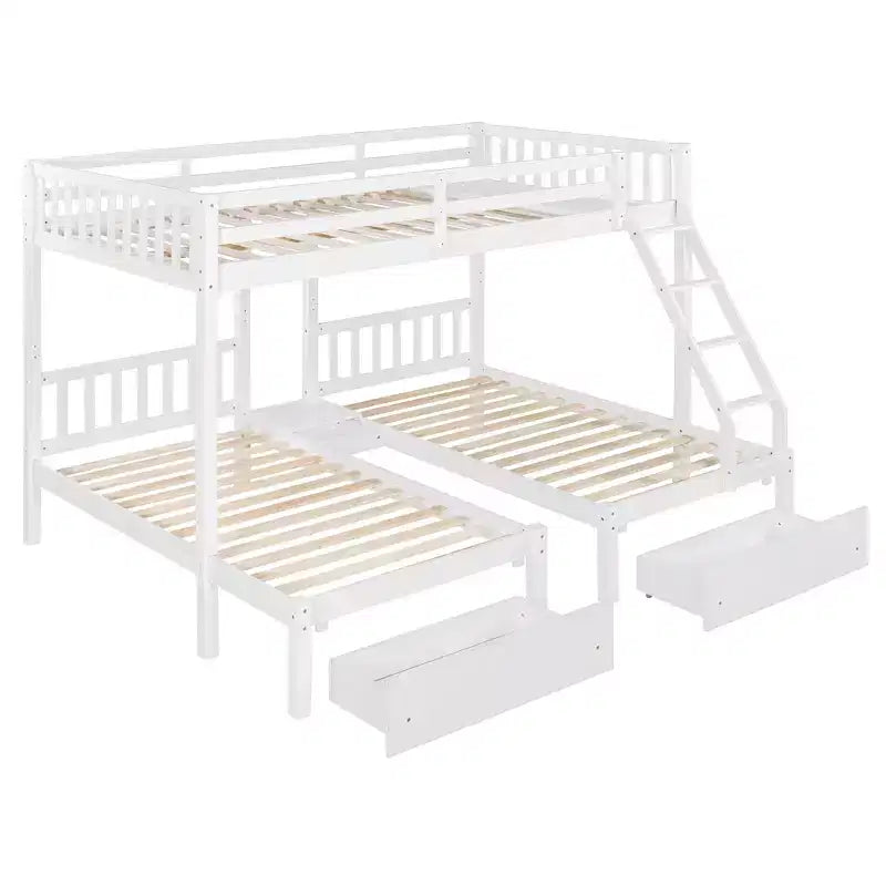 Full Over Twin & Twin Bunk Bed for 3, Wooden Triple Bunk Bed with 2 Storage Drawers, can be Divided into 3 Separate Beds