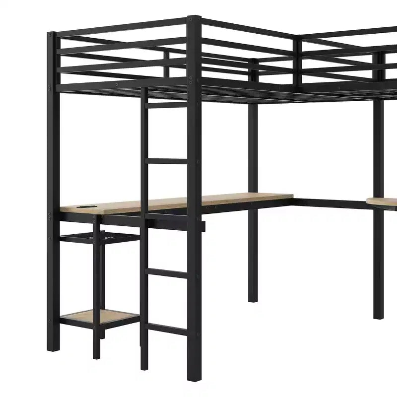 Twin Metal L-Shaped Loft Bed with Storage Shelves, 2 Built-in Desks - Black