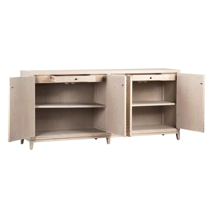 Isabelle 79-inch Pine Light Wash 4-Door Sideboard with Hand Carved Burst Pattern Door Fronts