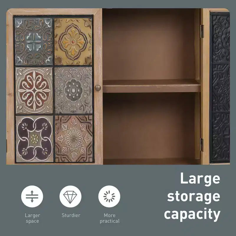 Captiva Designs Accent Distressed Checkered Patterns Storage Cabinet with 2 Doors for Entryway Living Room
