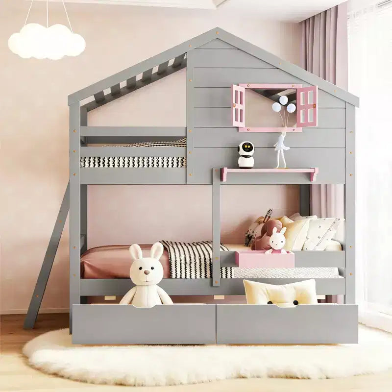 Twin over Twin House Bunk Bed with 2 Drawers, Storage Shelves and Window
