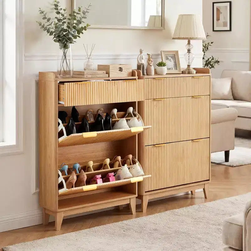 Slim Fluted Shoe Cabinet for Entryway  Modern Narrow Hallway Organizer with 2 Doors, Adjustable Shelves, Compact Storage Solution for Home