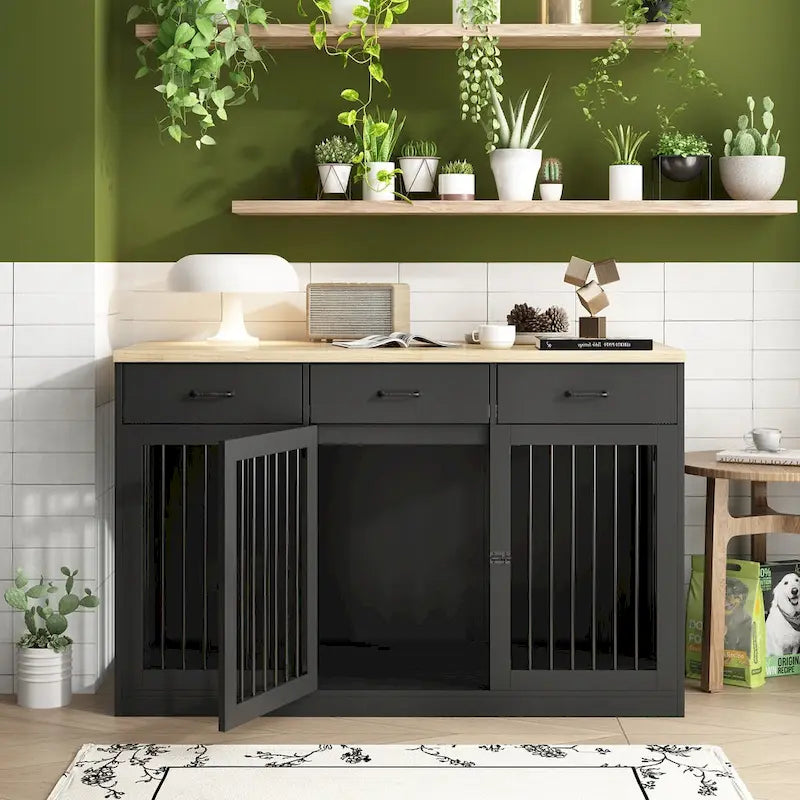 Modern Large Dog Crate with Storage Drawers - Elegant Espresso Finish